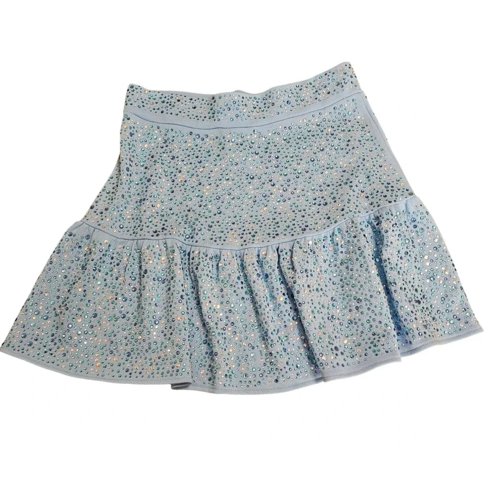 Queen of Sparkles Rhinestone Mini Skirt XL Baby Blue Tiered Ruffle Crystal Party - Picture 2 of 6
